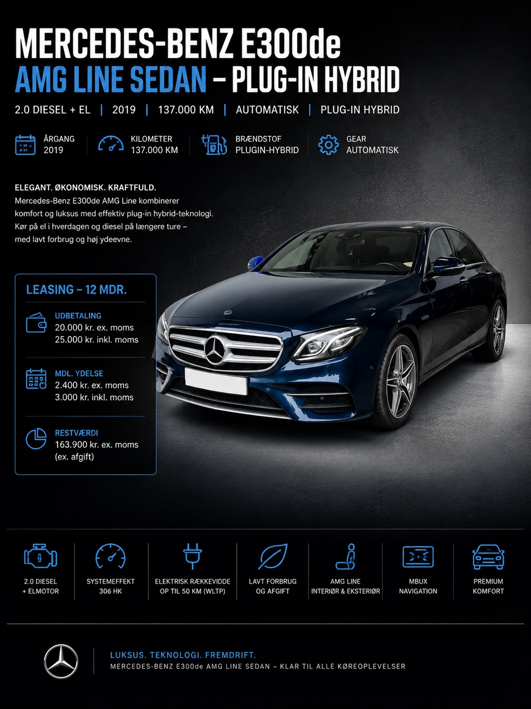 🚗 Mercedes-Benz E300de AMG Line Sedan - Plug-in Hybrid | Høj Udstyrsniveau